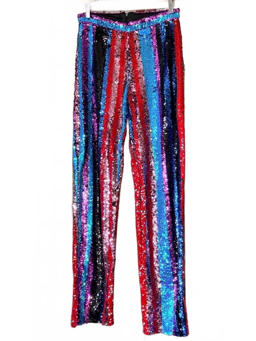 K Too Size L (video) Reversible Sequin Rainbow Stripe Flare Pants 35” Inseam
